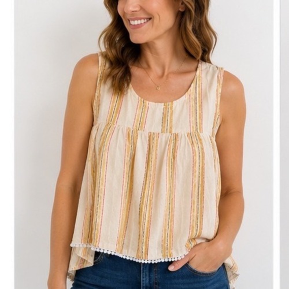 LC Lauren Conrad Womens XL Striped Babydoll Tank Top Pom Pom Trim Keyhole Back